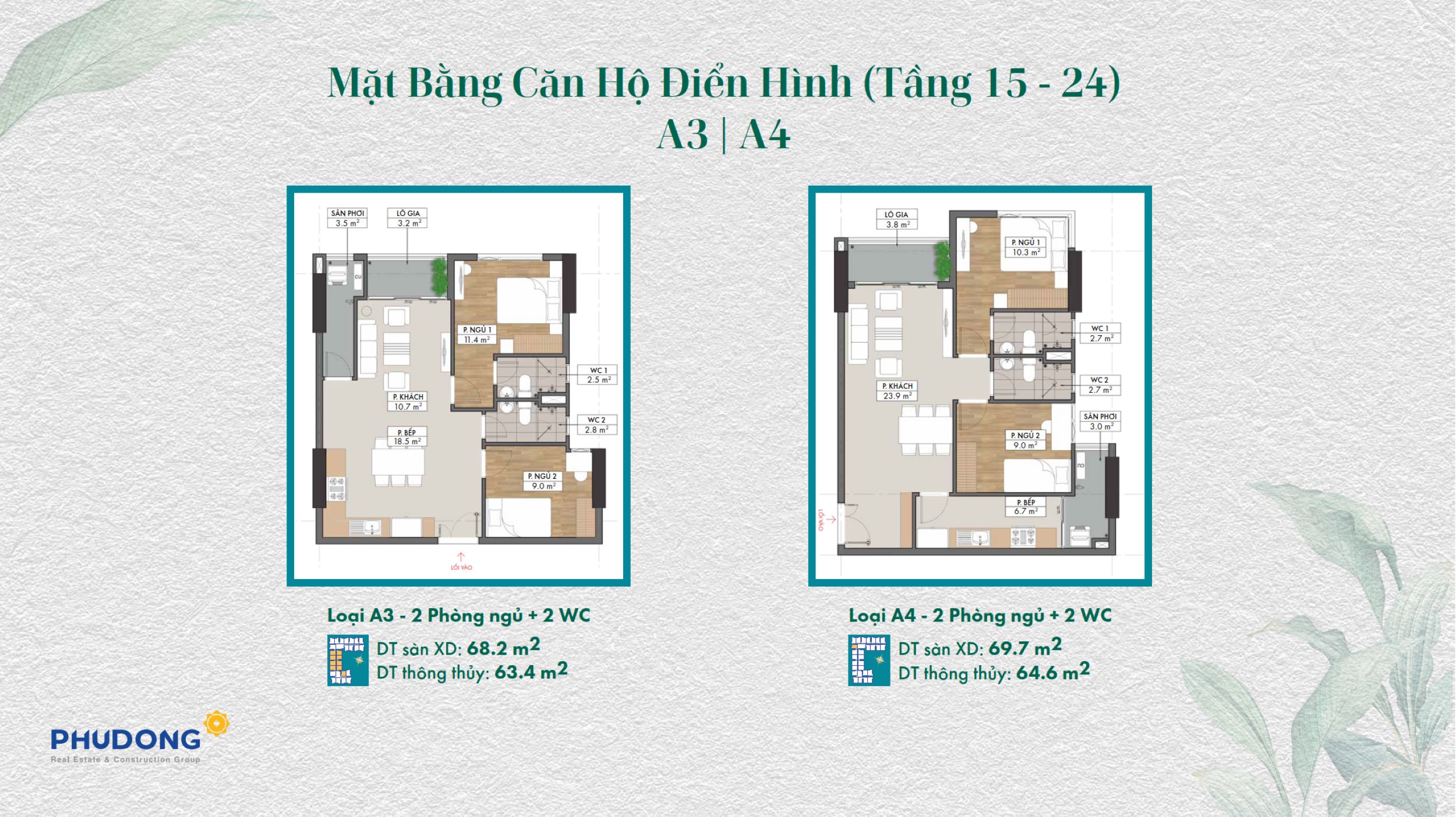 Mặt bằng căn hộ A3 2PN, 69,7 m²