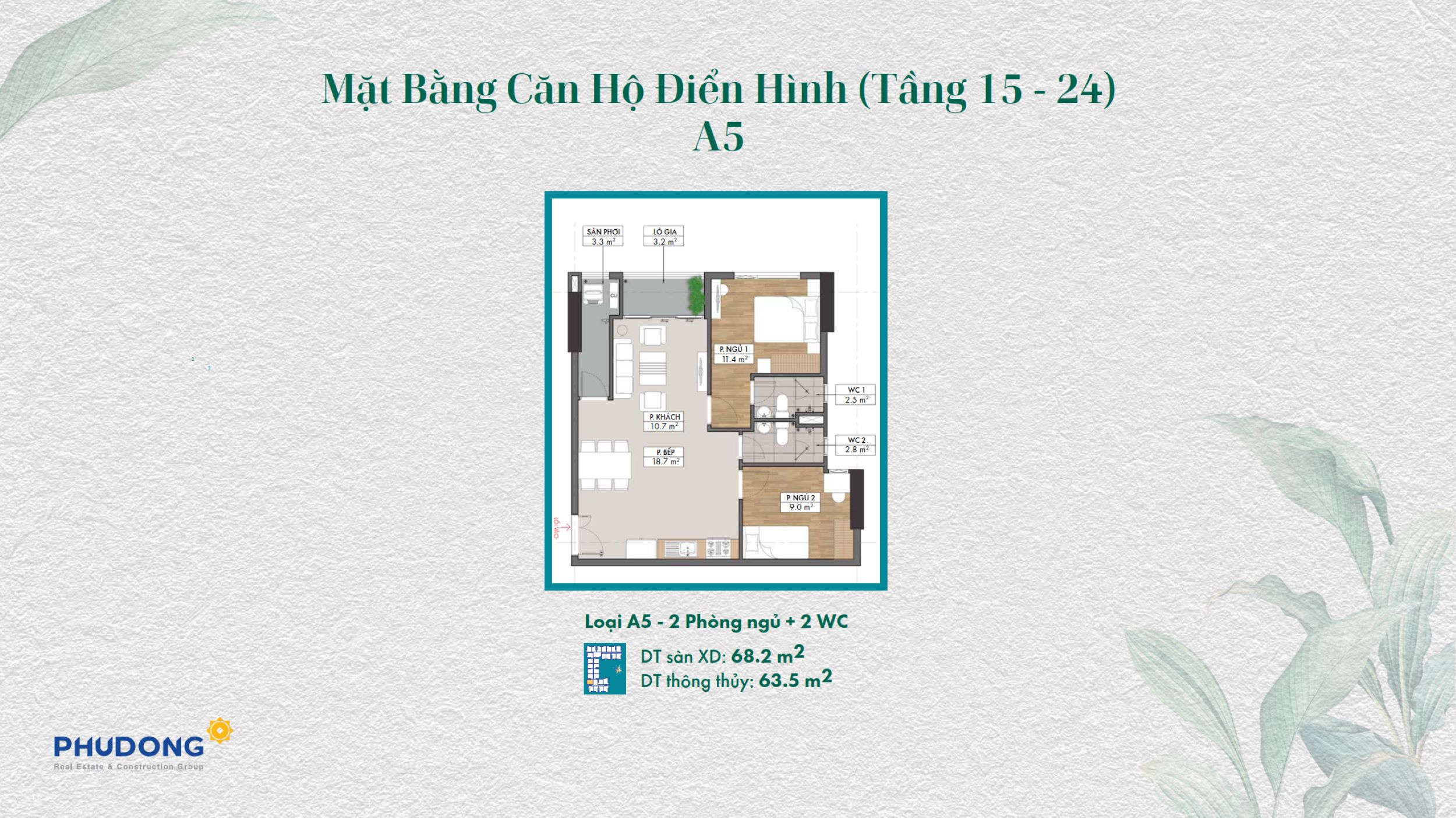 Mặt bằng căn hộ A5 2PN, 72,9 m²