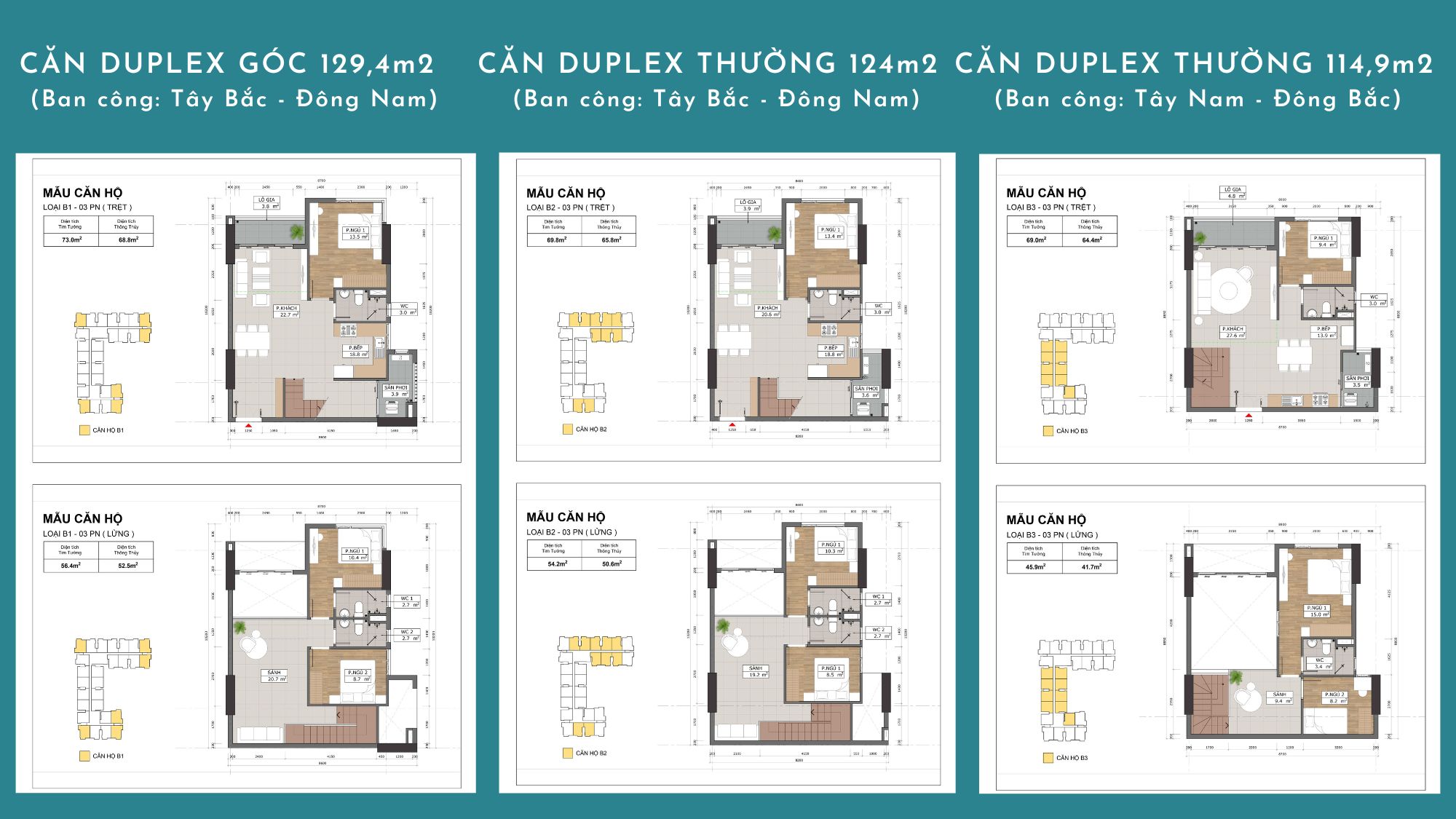 Mặt bằng căn hộ PentStudio Duplex, 114,9–129,4 m²